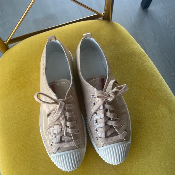 PRADA Beige Powder Patent Leather Sneakers with PRADA Dust Bag - Picture 9 of 16